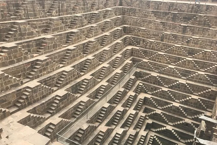 Close-up of the geometric steps leading down into the Chand Baori stepwell